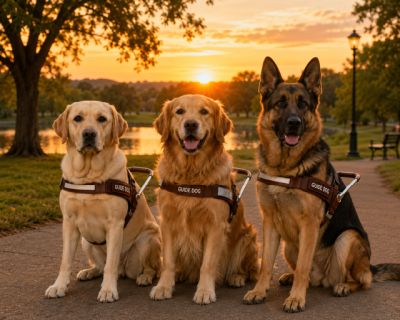 A ChatGPT generated image of three guide dogs wearing harnesses in a park at sunset