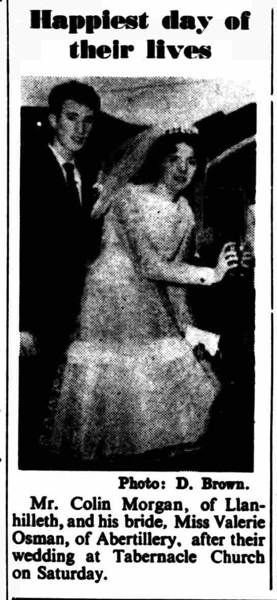 Happiest day of their lives: Mr. Colin Morgan, of Llanhilleth, and his bride, Miss Valerie Osman, of Abertillery, after their wedding at Tabernacle Church on Saturday (photo: D. Brown); South Wales Gazette, Friday 23 October 1959
