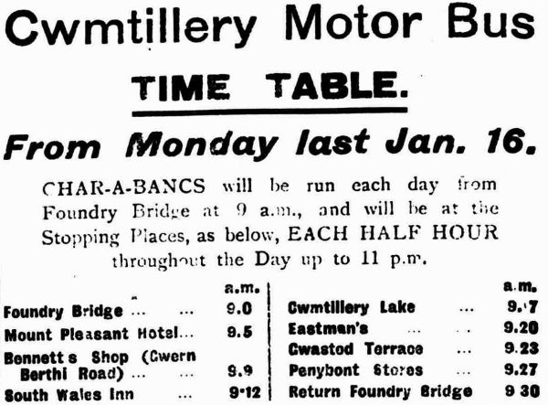 The Motor Bus Time Table which appeared in the South Wales Gazette of Friday 20th January 1922