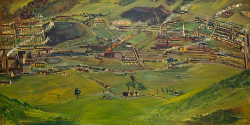 A painting of the Cwmtillery Valley and its three pits by Arthur Jones circa 1900; this image appears by kind permission of the Abertillery & District Museum