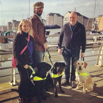 A photo of us with our dogs at Portishead on 23rd February 2019; Left to right: Lisa with Henry, Ben with Radar, and myself with Sophie