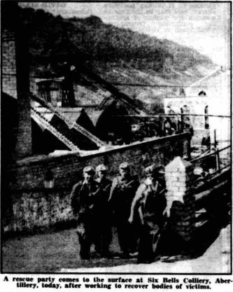 “A rescue party comes to the surface at Six Bells Colliery, Abertillery, today, after working to recover bodies of victims” (Coventry Evening Telegraph, Wednesday 29 June 1960